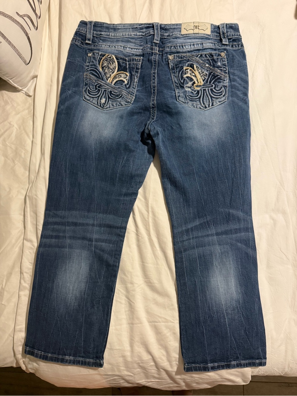 Miss Me Medium Blue Capri Jeans with Embroidered Fleur-de-Lis Pockets